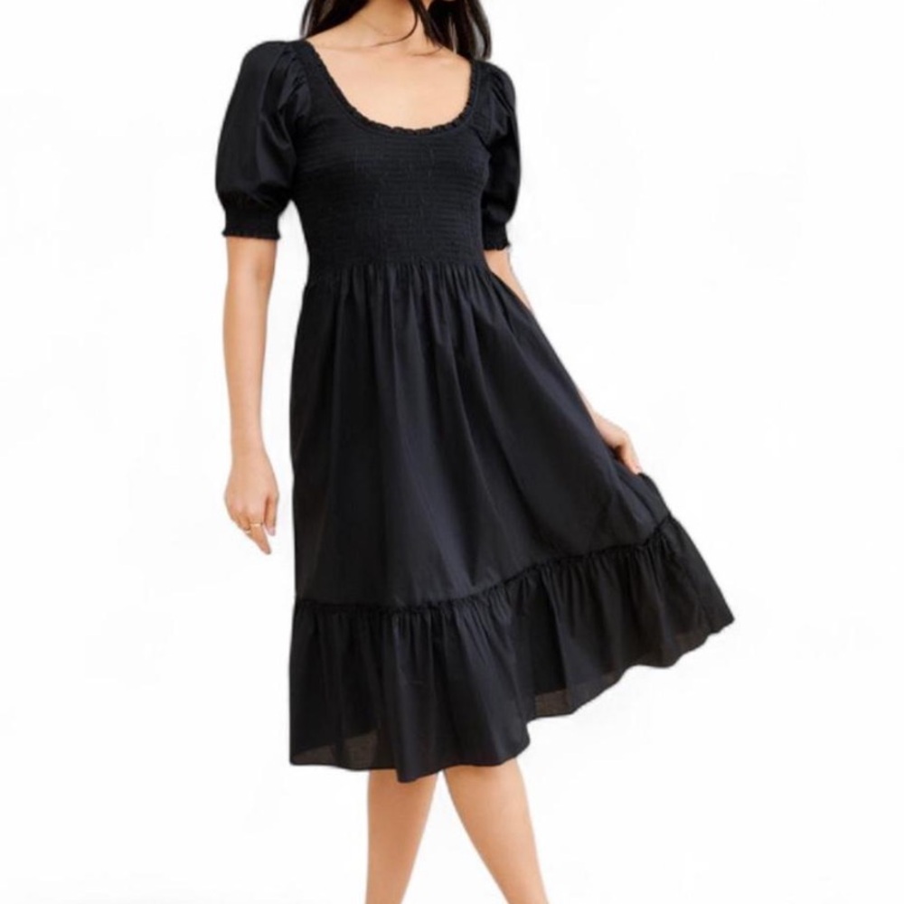 Hill House The Nap Louisa Black Puff Sleeve Smocked Waist Tiered Midi Dress